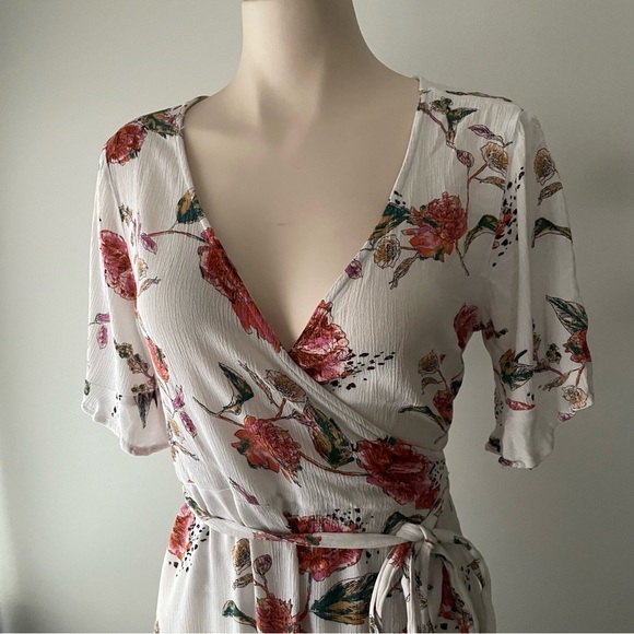 O’Neill Floral Wrap Mini Crepe Dress Pink White Size Medium - Picture 6 of 9